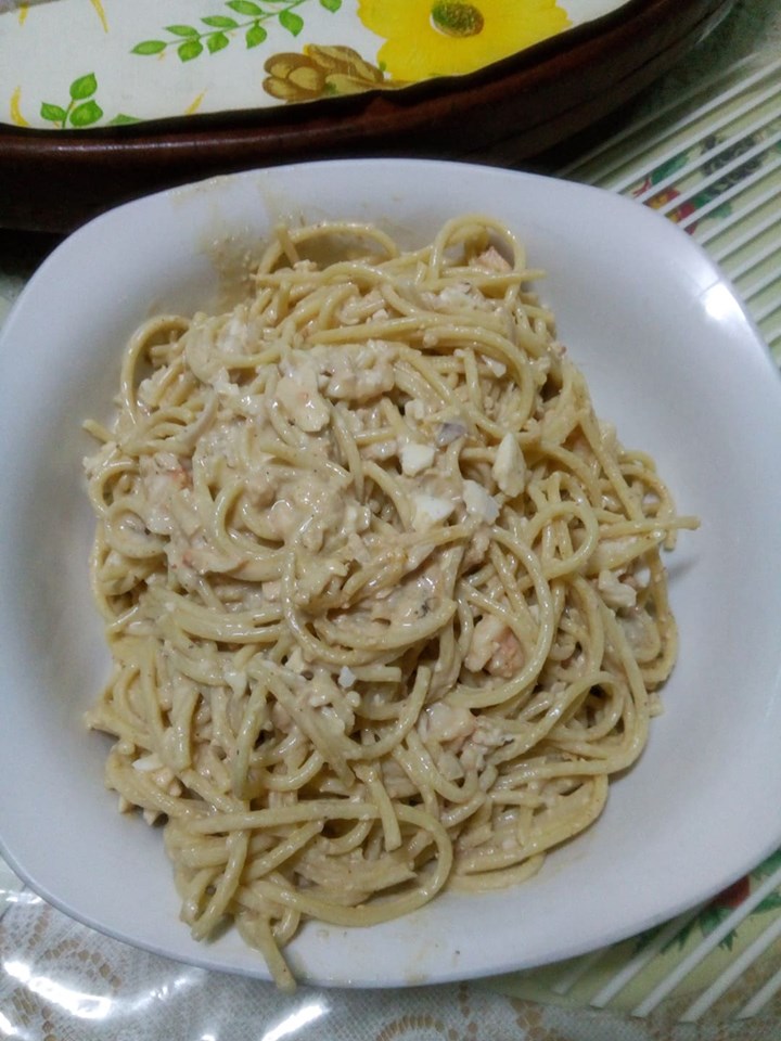 Unique carbonara pasta featuring shrimp and salted egg